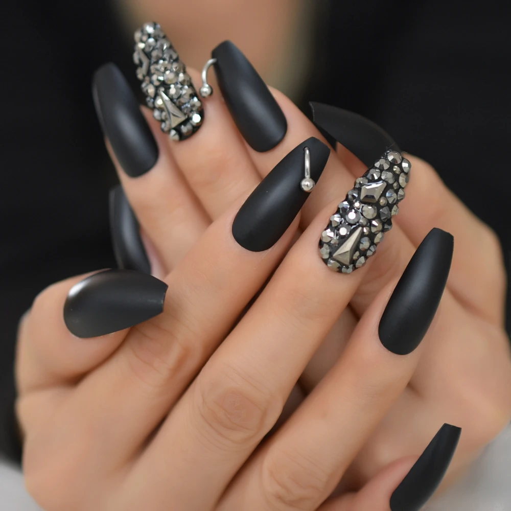 Matte Rhinestone Coffin Nails Designs Abs Nail Art Black Long Full Nail  Tips Manicure Dark Luxurious Press On Nails