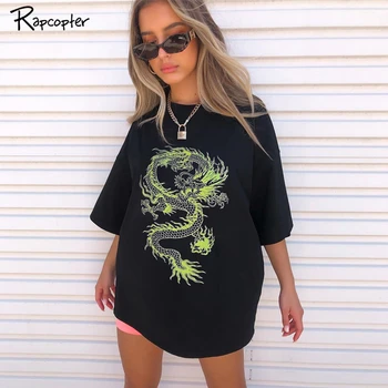 

Rapcopter Dragon Printed Plus Size Women T-shirt Streetwear Half Sleeve Long T Shirt Casual Hip Hop Summer Tops 2020 New Arrival