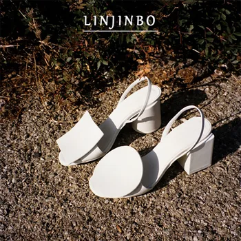 

White Gladiator High Heel Sandals Women Square Heel Slingback Strap Sandals Lady INS Fashion Asymmetry Women Roman Shoes