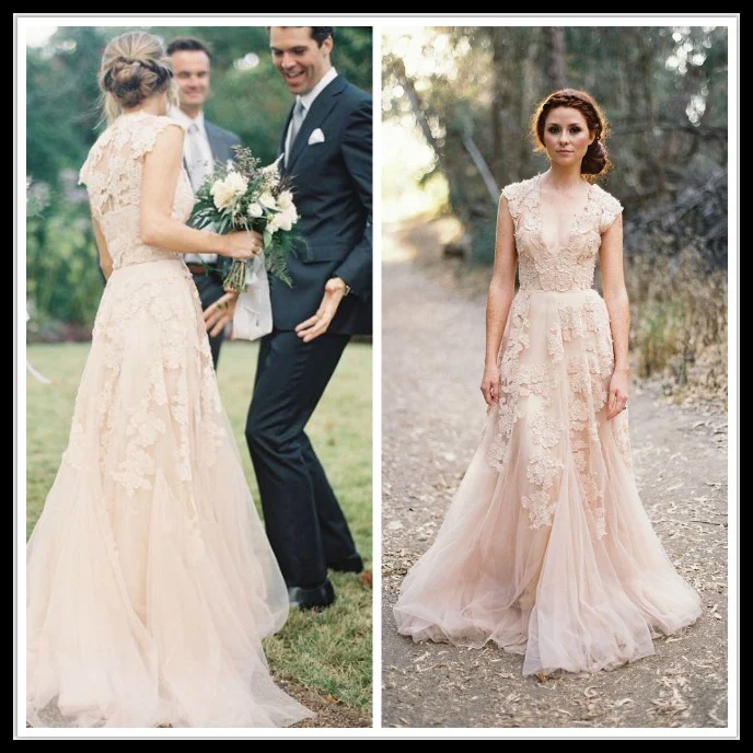 ^Cheap Romantische Vintage 2018 Trouwjurken Lace Cap Sleeve V-hals EEN Lijn Champagen Bruidsjurk Vestido de Noiva Sereia Sexy
