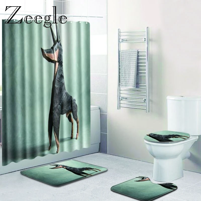 Zeegle 4PCS Shower Mat Set Waterproof Bath Curtain Anti-slip Toilet Foot Rug Polyester Floor Mat Bathroom Doormat Washable Rug