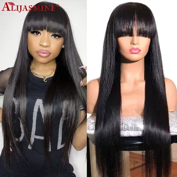 

180 Density Lace Front Wig With Bangs Brazilian Remy Straight Lace Front Human Hair Wigs With Bangs For Black Women Pre Plucked