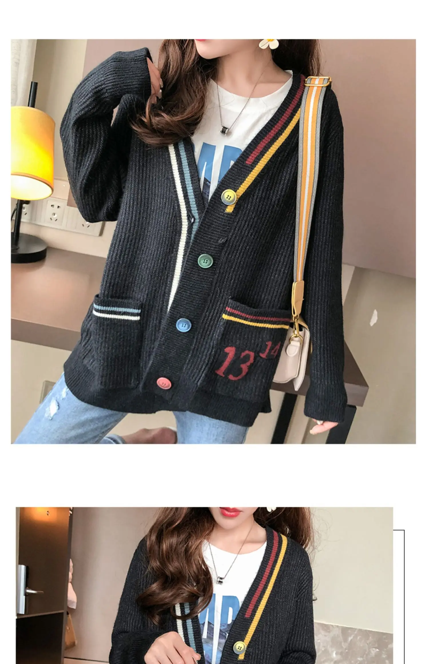 V-neck sweater coat female autumn outfit new han edition easy lazy wind plus a fairy joker knitted cardigan