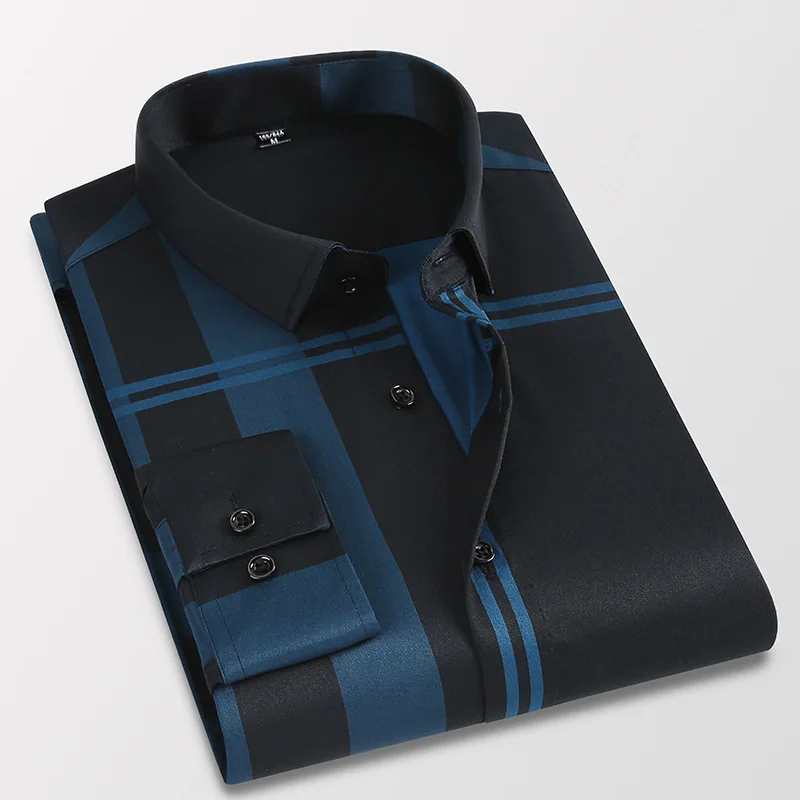 

Men's Stretch Long Sleeve Striped Dress Shirts Smart Casual Smooth Material Standard-fit Youthful Button-down Shirt Spring New