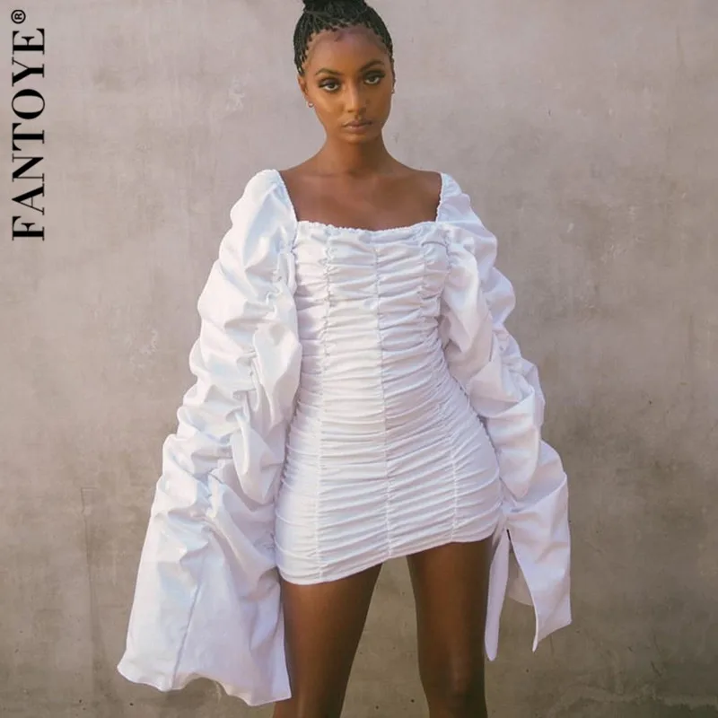 

FANTOYE Fashion Ruched Fold Drawstring Mini Dress Women Long Lantern Sleeve Slim Elastic Bodycon Party Dress Clubwear Streetwear