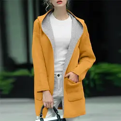 Женский Тренч Плюс размер Модный женский модный однотонный кардиган на пуговицах с капюшоном и карманом с длинным рукавом теплая куртка