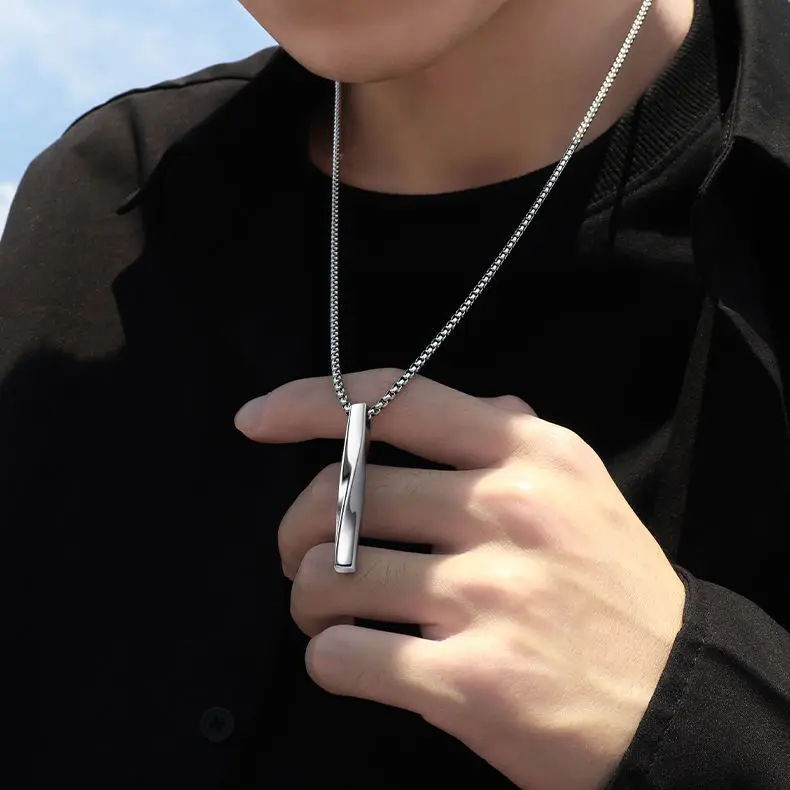 Personality Silver Color Men Spiral Rectangle Necklace Stainless Steel Minimalist Simple Hip Hop Ins Men's Pendant Jewelry | Украшения
