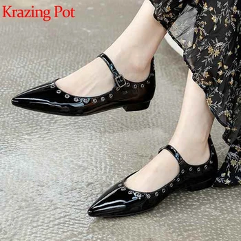 

Krazing pot superstar full grain leather pointed toe low heels metal buckle fashion women rivets beading decoration pumps L99