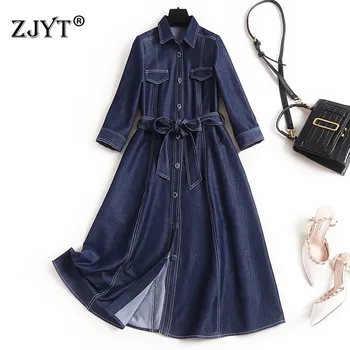 

High Quality Spring Dress 2020 New Fashion Woman Clothes Designers Turn Down Collar Lace Up Aline Casual Blue Denim Dress