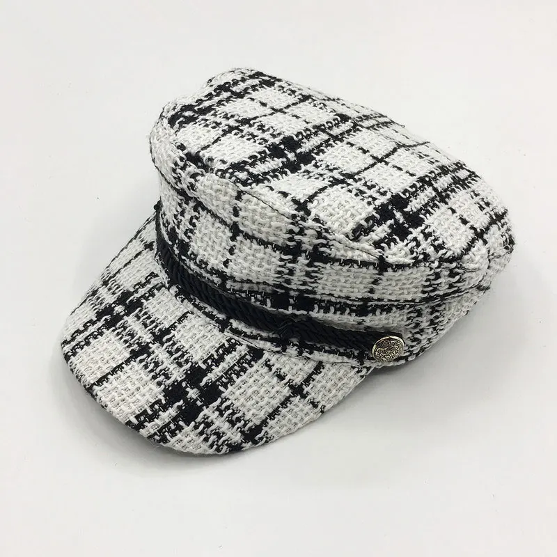 white Новая хлопковая женская шляпа с решеткой, плоская восьмиугольная шляпа, модная женская винтажная берет, мужская полосатая Ретро британская шляпка - Цвет: white