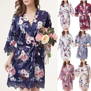 

cotton lace nightgowns women Simulation Silk flower Print Bride Robe spring Fashion Gown Lingerie Sleepwear G3