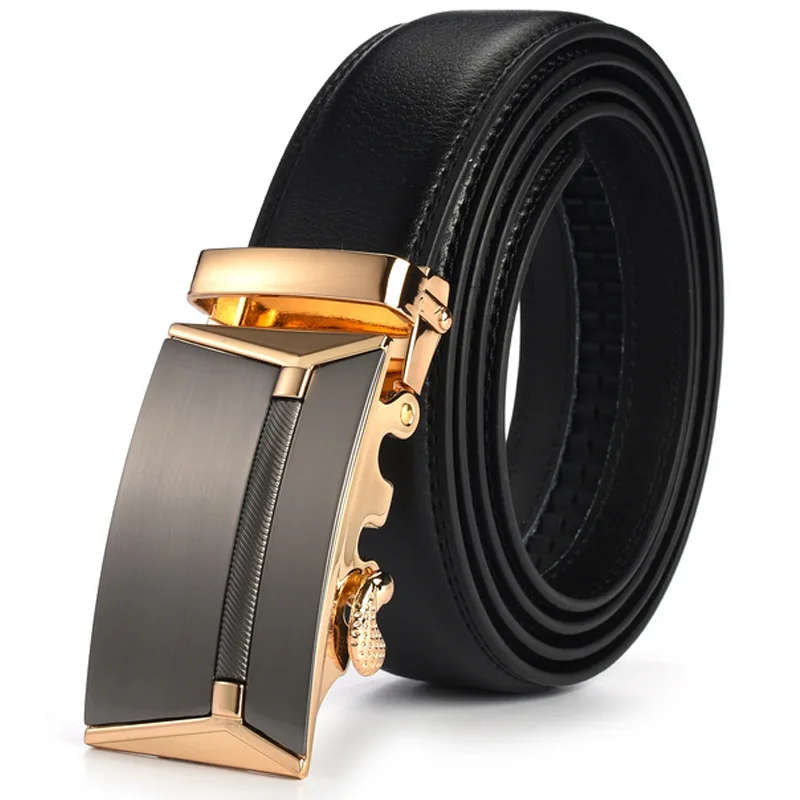 Gold Black Для мужчин's джинсы из бычьей кожи, с автоматической пряжкой из натуральной кожи Элитный бренд поясов Пояс Ремень для Для мужчин 140 150 160 170 180 см - Цвет: Gold Black