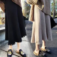 Новинка, Стильная трикотажная юбка, приталенная, облегающая бедра шерстяная юбка, трапециевидная юбка средней длины, юбка трапециевидной формы с большим подолом, однотонная