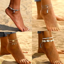 DIY Vintage Gold Silver Color Multilayer Anklets For Women Bohemian Moon Beads Anklet Bracelet Boho Jewelry