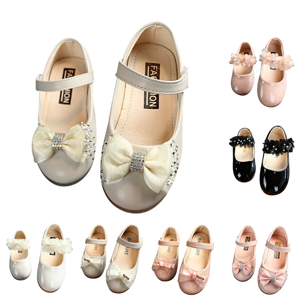 Zapatos de charol de PU para niños y niñas, zapatillas elegantes con flores, andador de color rosa, negro y blanco, 1-7 años