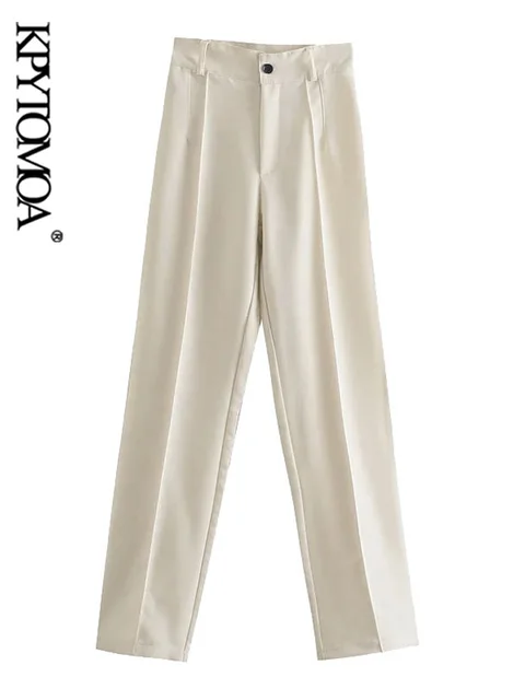 KPYTOMOA Women 2021 Chic Fashion Office Wear Solid Straight Pants Vintage High Waist Zipper Fly Female Trousers Mujer 5