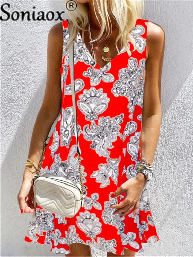 

Summer Flowers Printed Dress Women Fashion Sexy V-Neck Sleeveless Loose Elasticity Waist Vacation Beach Boho Mini Dresses Femme