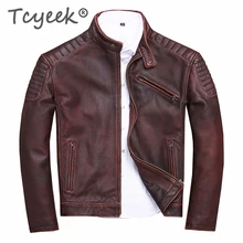 Tcyeek Genuine Leather Jacket for Men Fashion Cow Leather Coat Streetwear Men's Moto& Biker Coats Slim Casaco U-1806
