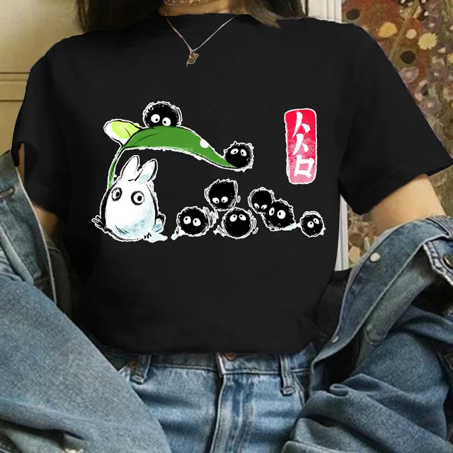 Totoro Studio Ghibli Harajuku Kawaii T Shirt Women Ullzang Miyazaki Hayao Tshirt Funny Cartoon T-shirt Cute Anime Top Tee Female black-869