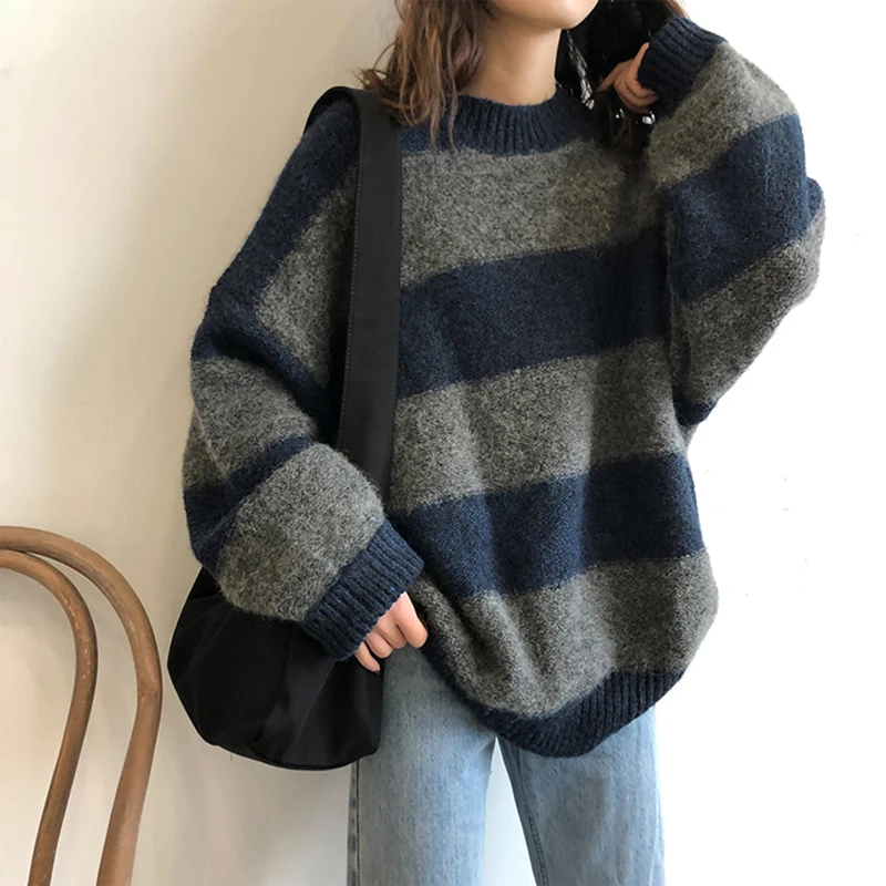 Women Oversized Thin Sweater Vintage Striped Loose Pullover Streetwear Autumn Knitted Jumper Femme 2021 Sueter Mujer long sweater
