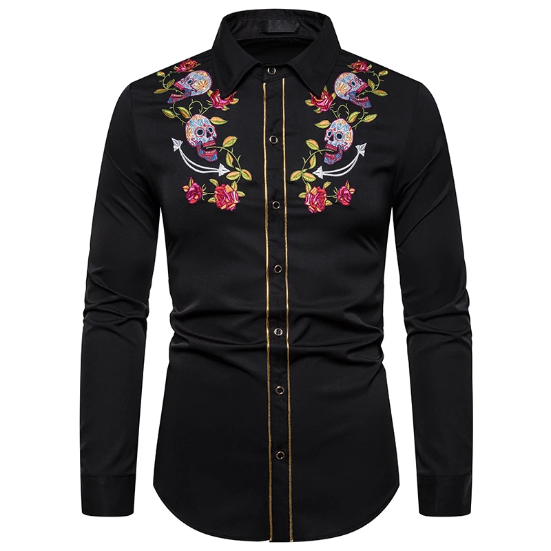 Мужская джинсовая Модная рубашка с вышивкой в западном стиле, Тонкая Повседневная рубашка с длинным рукавом на пуговицах, Мужская модная рубашка в национальном стиле, S-XXL - Цвет: A50-Black