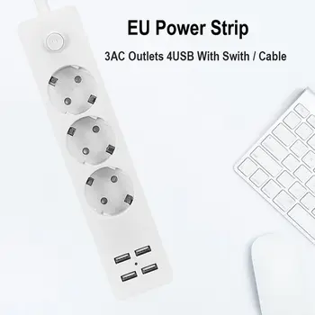

EU Power Strip Surge Protector Multiple Sockets 3 EU AC Outlet Socket With 4 USB Port 1.8m Extension Cord EU Wall Socket