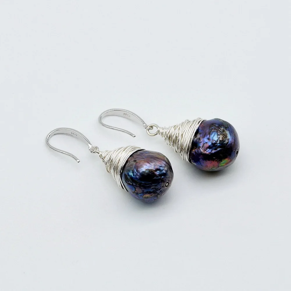 Baroque Handmade Earrings Natural Freshwater Pearl Women's Earrings Silver Wire Braided Large Black Pearl Drop Earrings