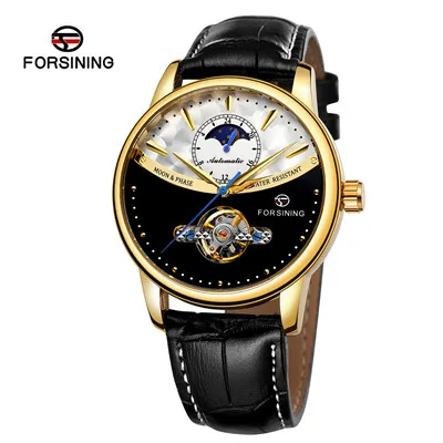 FORSINING новейшие Moon Phase Tourbillion автоматические мужские часы jam tangan reloj de pulsera водостойкие часы - Цвет: Gold Black