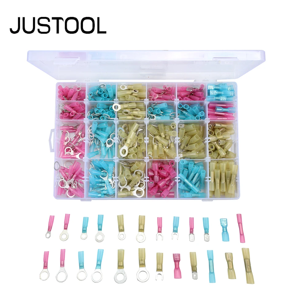 

JUSTOOL 480 Pcs Universal Insulated Electrical Wire Terminal Crimp Spade Ring Butt Heat Shrink Electrical Connector Set with Box