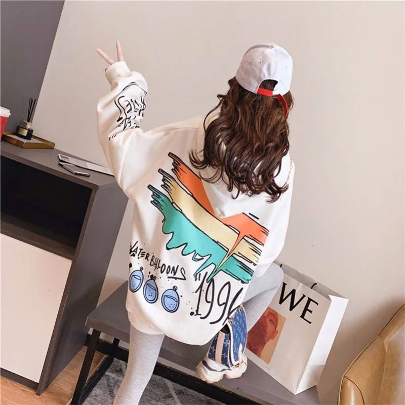  2020 White Women Loose Sweatshirts Autumn Long Sleeve Cute Cartoon Print Harajuku Hoodie Streetwear