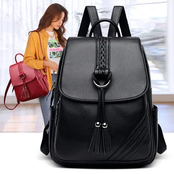

Fashion Flap Women's Backpack Leather Tassels Youth Teenage Backpack Bag Back Pack for Women College School Bagpack Ladies Black