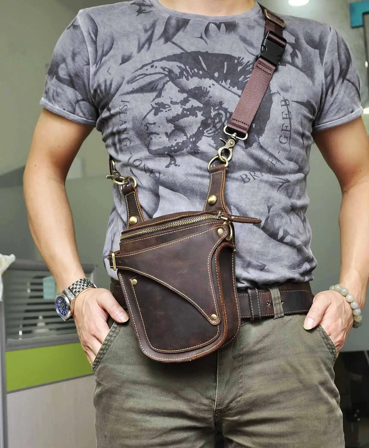 Unisex Fashion Crazy Horse Leather 7" Motorcycle Riding Drop Leg Bag Travel Fanny Belt Waist Pack Case 9326-d waist pack