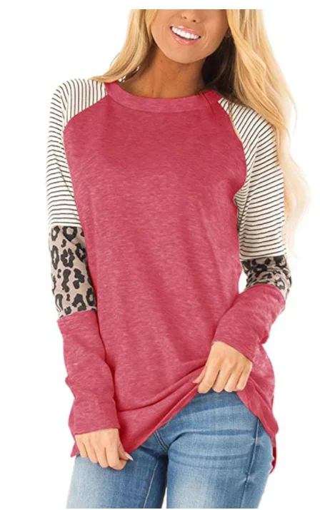 Женская Полосатая Бейсбольная Футболка с леопардовым принтом и длинным рукавом, женская футболка размера плюс, Корейская Повседневная Базовая одежда, трендовая осенняя одежда