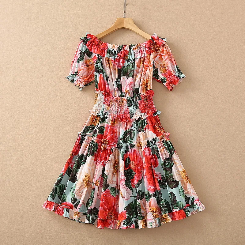 

European and American women's wear for spring 2021 Short-sleeved one-line neck with floral print Fashion pleated dress