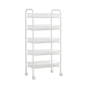 

White Metal Mesh Rolling Cart Storage Rack with Wheels (5-Tier Cart)