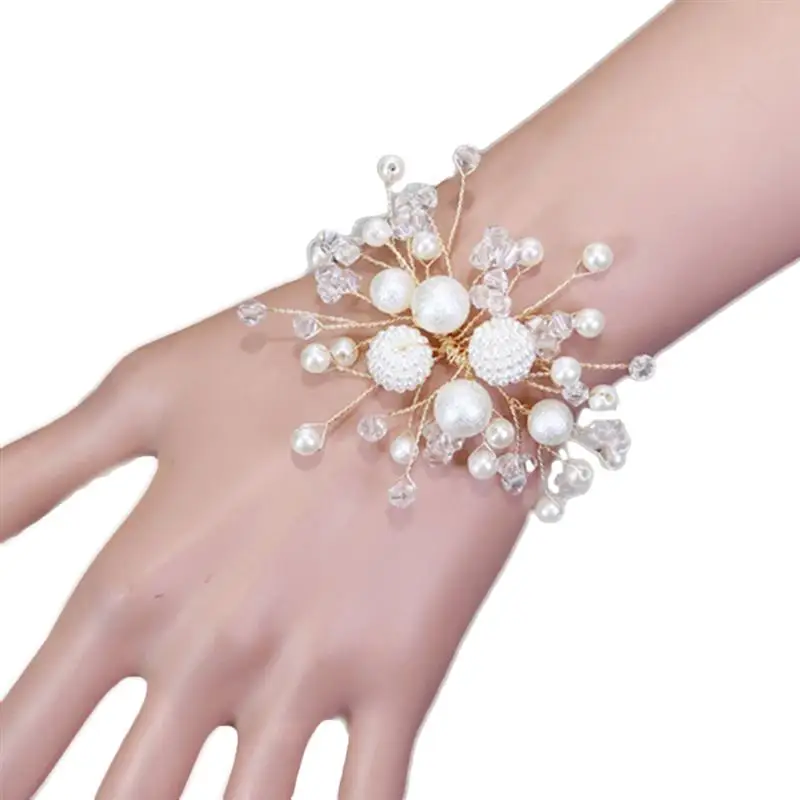

1PC Wedding Wrist Corsage Bridal Bridesmaid Wrist Flower Band Decorative Pearl Beads Wristband Hand Flower for Wedding Party