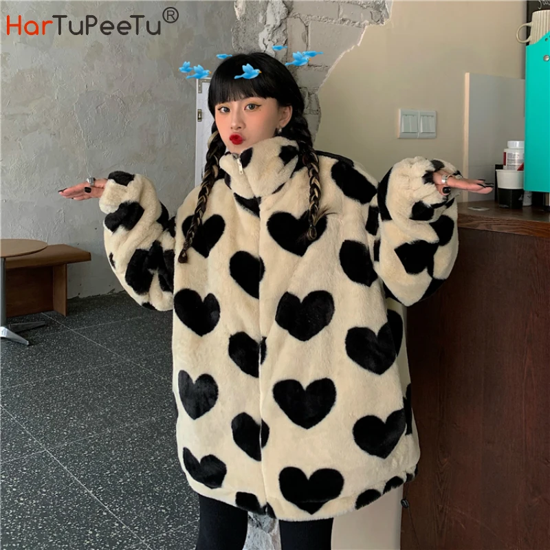 Chaqueta de peluche gruesa para mujer, de imitación abrigo de piel de oveja con forma de corazón, informal, de talla grande y esponjosa, suelta, para invierno, 2020
