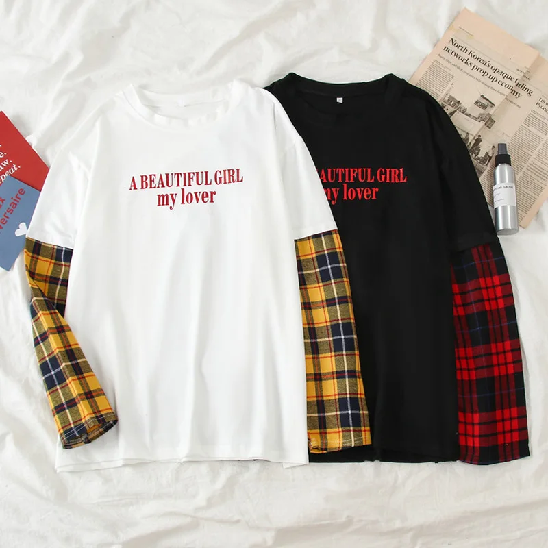 

Harajuku kawaii women Tshirt Loose Casual Long Sleeve Plaid patchwork t shirt autumn Students Simple letter white black t-shirts