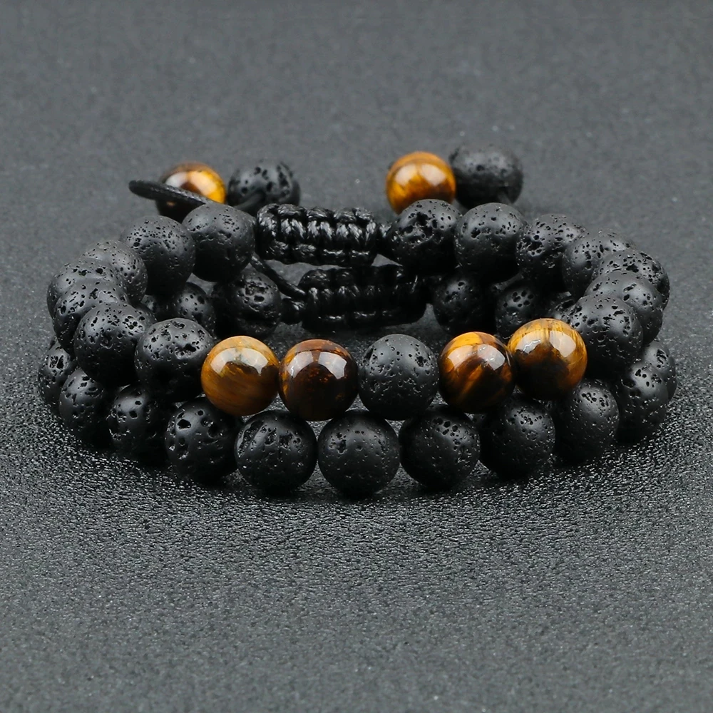 Black Lava Stone Crown Charm Tiger Eye Beads Bracelet For Men Women Braided Bracelets Handmade Adjustable Jewelry Pulseira