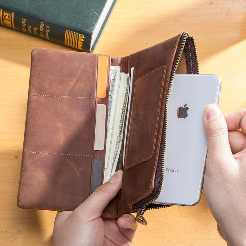 Contact's New Crazy Horse Genuine Leather Wallets Vintage Men Wallet Brand Purse Card Holder Male Long Clutch With Zipper Pocket