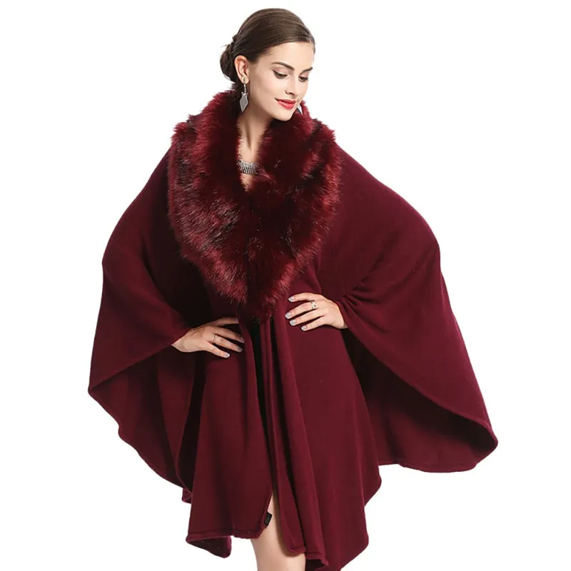 

Fashion Women Furry Cape Coat Jacket Faux Fur Wrap Poncho Shawl Winter Fur Collar Bat Sleeved Coats