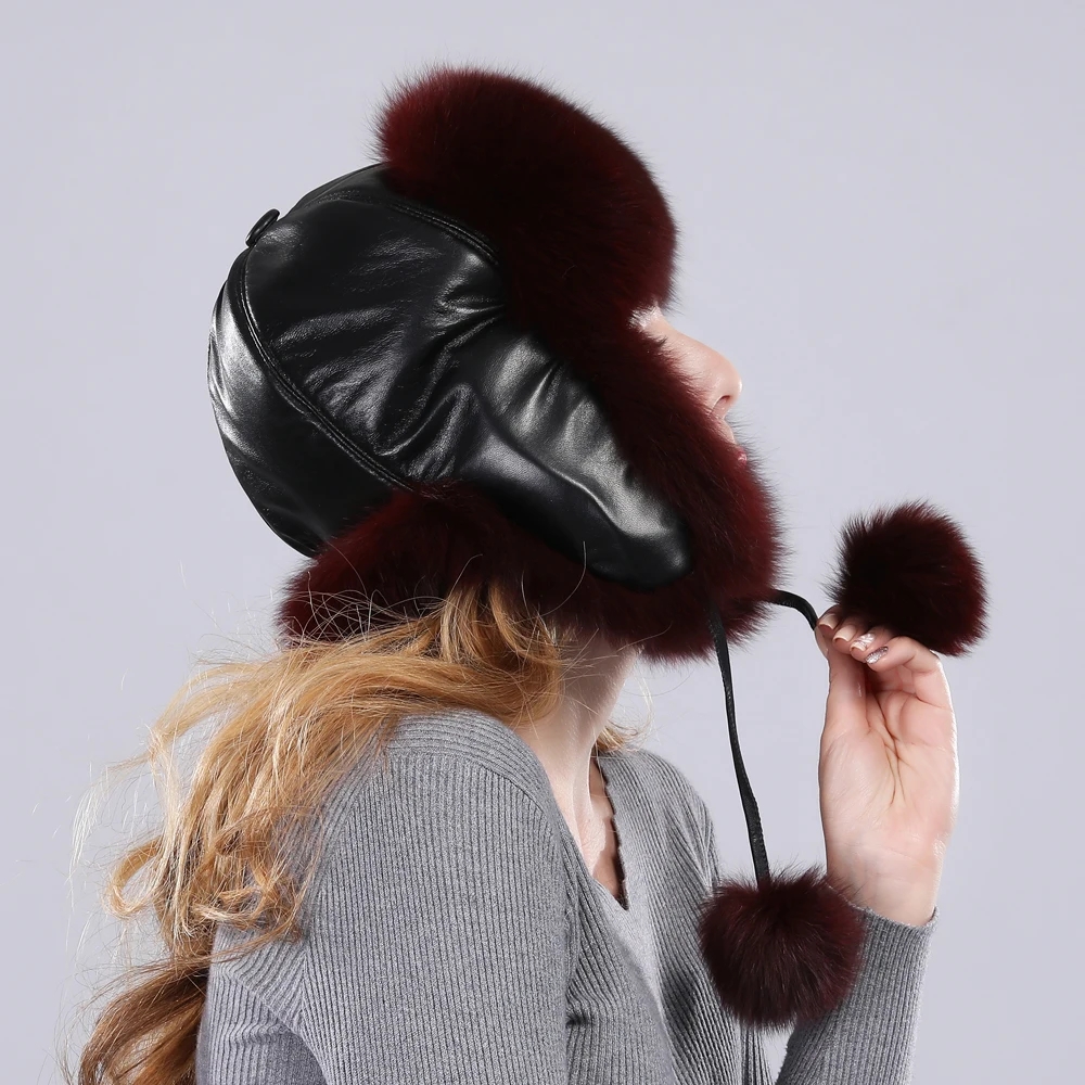 Women real fox fur hat genuine sheepskin leather caps winter warm Ears Fashion Bomber Cap belt new arrival