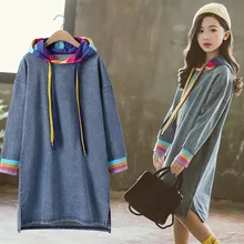 Г. Осеннее платье с капюшоном и длинными рукавами для девочек-подростков; одежда для детей; Повседневные детские платья; синие джинсовые длинные футболки; платья для девочек