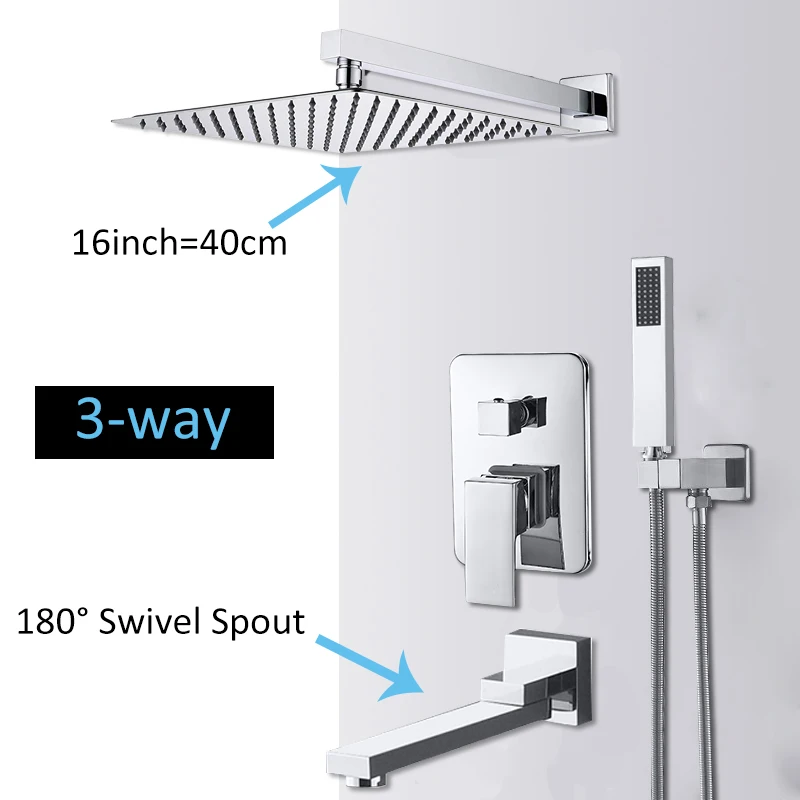3-way 16inch swivel Quyanre настенное крепление Ванная комната дождь водопад Смесители для душа набор скрытый Хромированная Душевая система смеситель для ванны и душа кран - Цвет: 3-way 16inch swivel