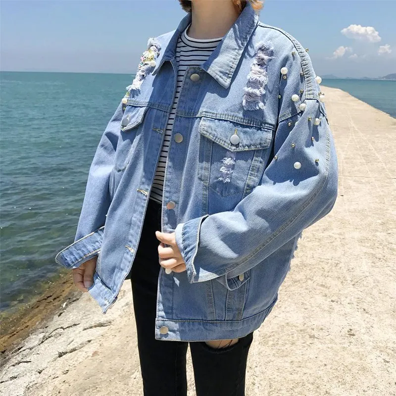 

2019 Autumn Women Plus Size Jacket Fashion Long Sleeve Pearl Sequin Loose Outerwear Oversize Denim Coat