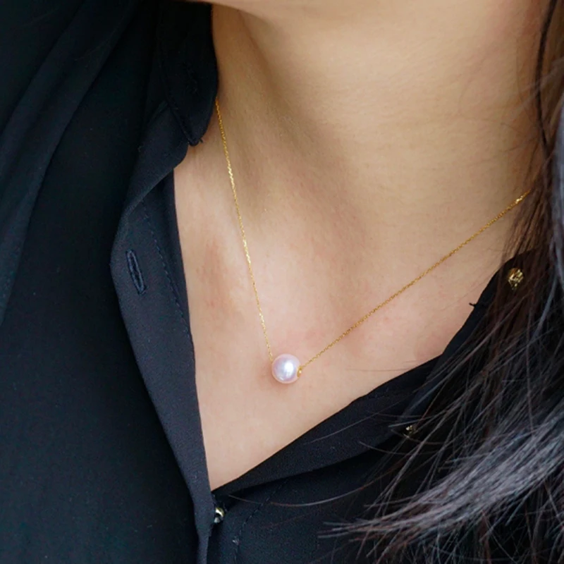 Wedding Real 18k Gold Single Pearl Necklace,Round Natural Freshwater Pearl Pendant Necklace Anniversary Gift