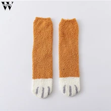 Womail, женские Зимние коралловые домашние носки с принтом в виде лап кота, теплые бархатные носки для сна, носки-тапочки, 3 пары оборудования