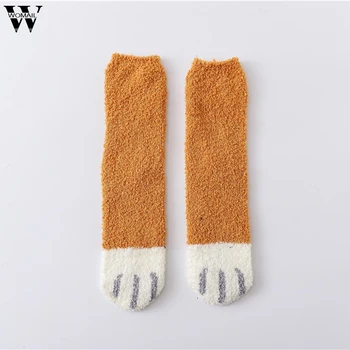 

Womail Women's winter coral cat paw print pattern plus velvet warm sleep home socks floor socks socks 3 pairs of equipment