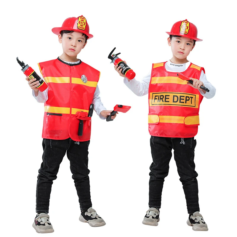 

Halloween Cosplay Boys Kid Clothes Firemen Uniform Matching Helmet Toy Set Of 4 4T-11T Carnival Role Play Girl Prom Gown Costume