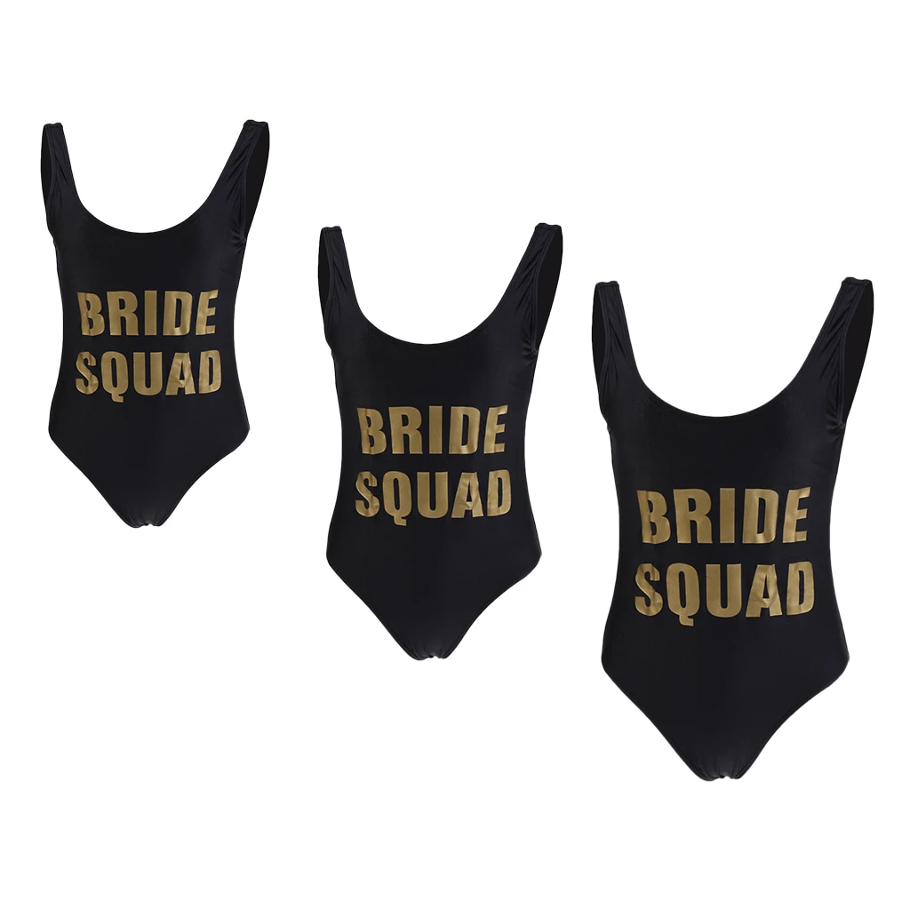 4/pack Vintage Black One Piece Swimsuit Gold BRIDE SQUAD Prints Hen Party Bikini Bikinis Beachwear